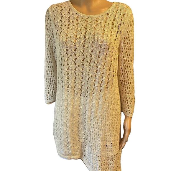 Chicos Travelers Open Knit Tunic Top Sz 2/M Ivory Silver Beach Largenlook Boho - Picture 1 of 8